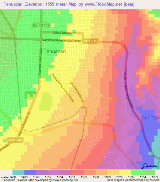 Tehuacan,Mexico Elevation Map