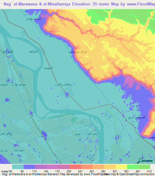 Nag` el-Marawana & el-Misallamiya,Egypt Elevation Map