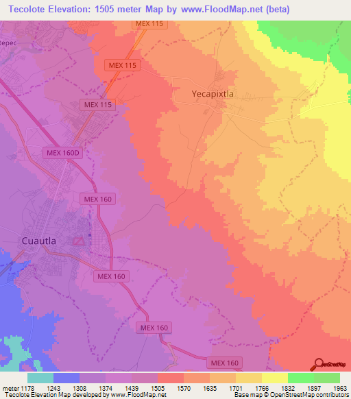 Tecolote,Mexico Elevation Map