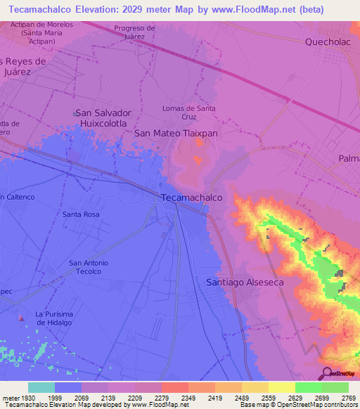 Tecamachalco,Mexico Elevation Map