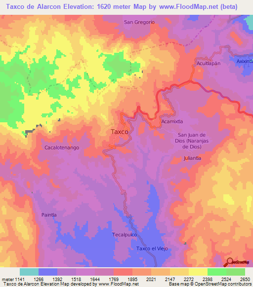 Taxco de Alarcon,Mexico Elevation Map