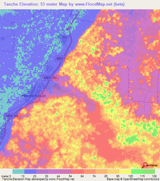 Tanche,Mexico Elevation Map