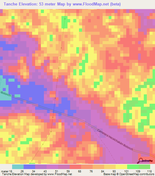 Tanche,Mexico Elevation Map