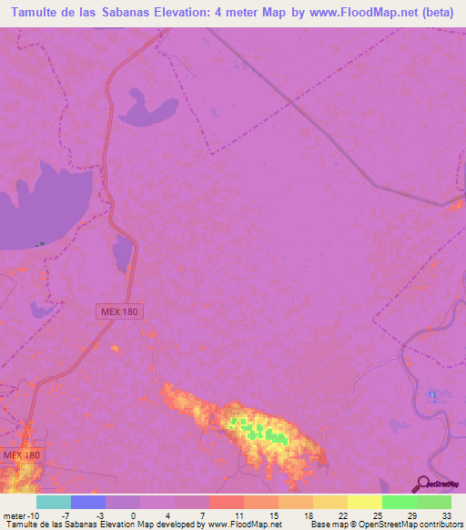 Tamulte de las Sabanas,Mexico Elevation Map