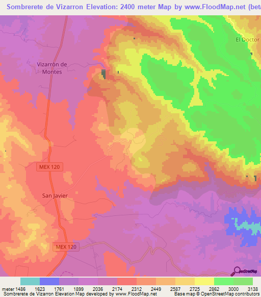 Sombrerete de Vizarron,Mexico Elevation Map