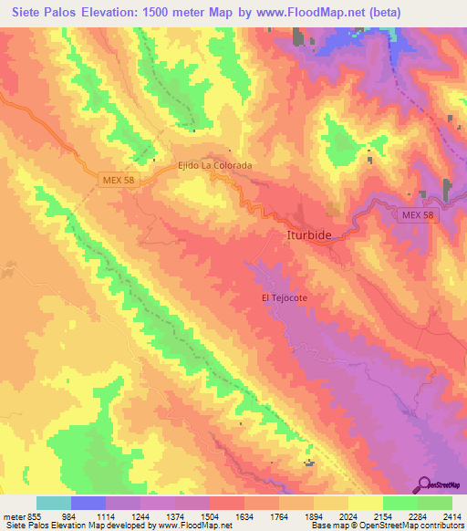 Siete Palos,Mexico Elevation Map