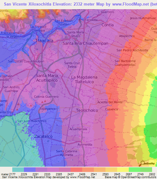San Vicente Xiloxochitla,Mexico Elevation Map