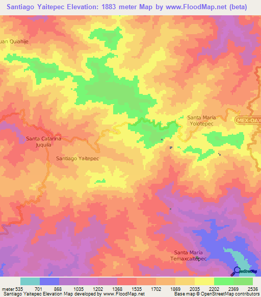 Santiago Yaitepec,Mexico Elevation Map