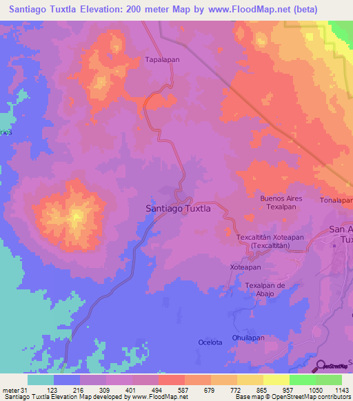 Santiago Tuxtla,Mexico Elevation Map