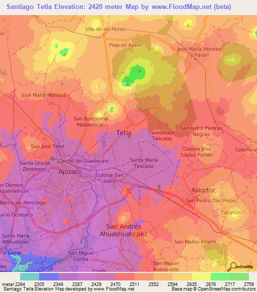 Santiago Tetla,Mexico Elevation Map