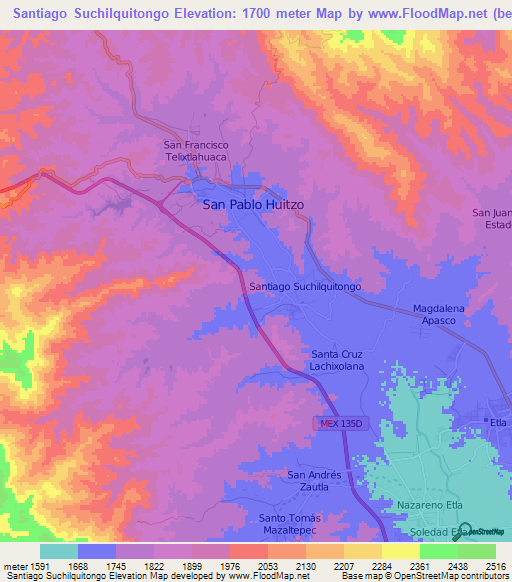 Santiago Suchilquitongo,Mexico Elevation Map