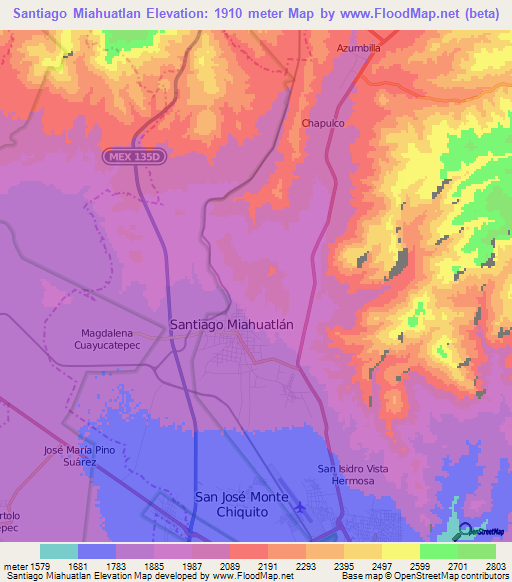 Santiago Miahuatlan,Mexico Elevation Map