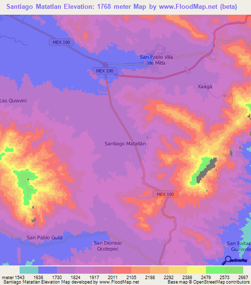 Santiago Matatlan,Mexico Elevation Map