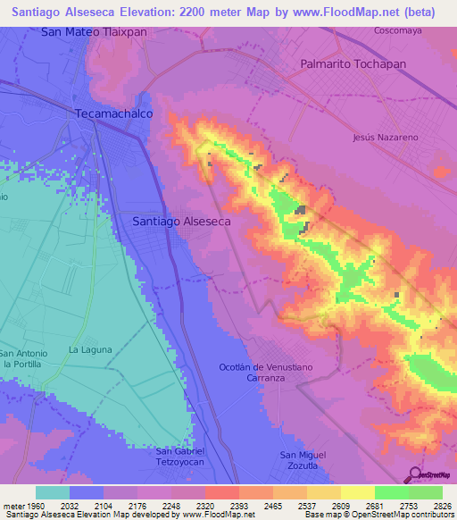 Santiago Alseseca,Mexico Elevation Map