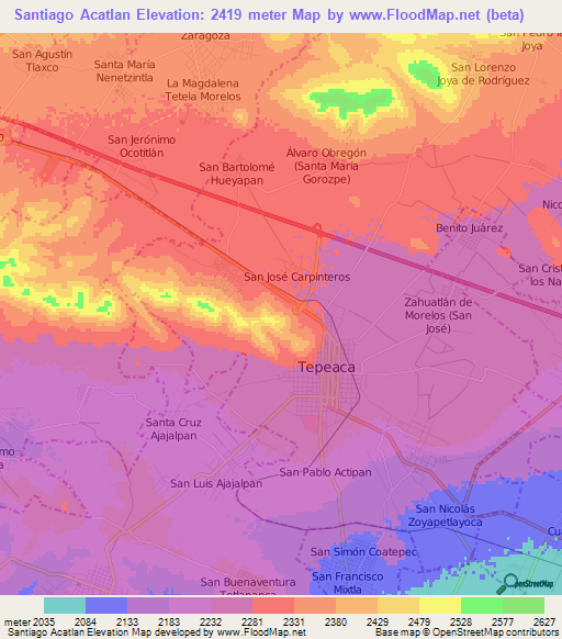 Santiago Acatlan,Mexico Elevation Map