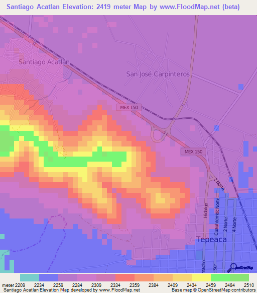 Santiago Acatlan,Mexico Elevation Map