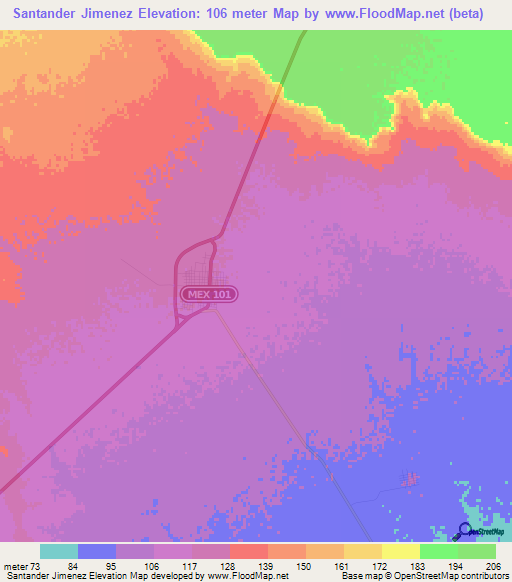 Santander Jimenez,Mexico Elevation Map