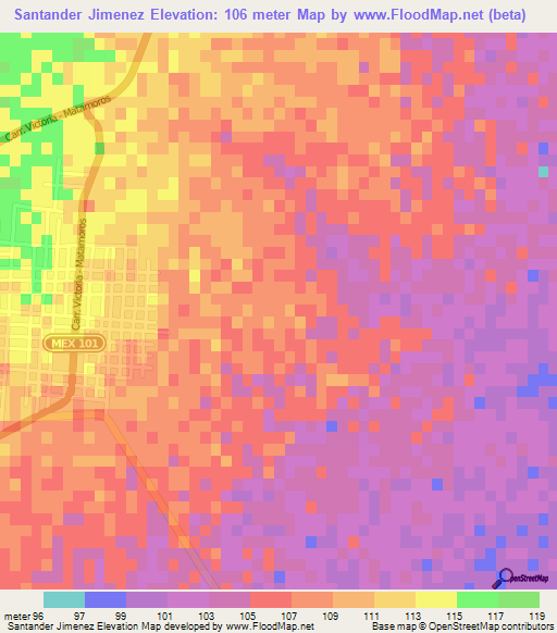 Santander Jimenez,Mexico Elevation Map