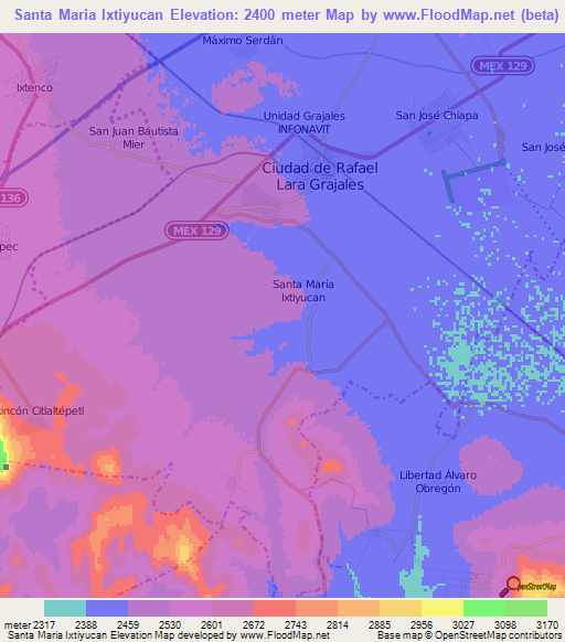 Santa Maria Ixtiyucan,Mexico Elevation Map