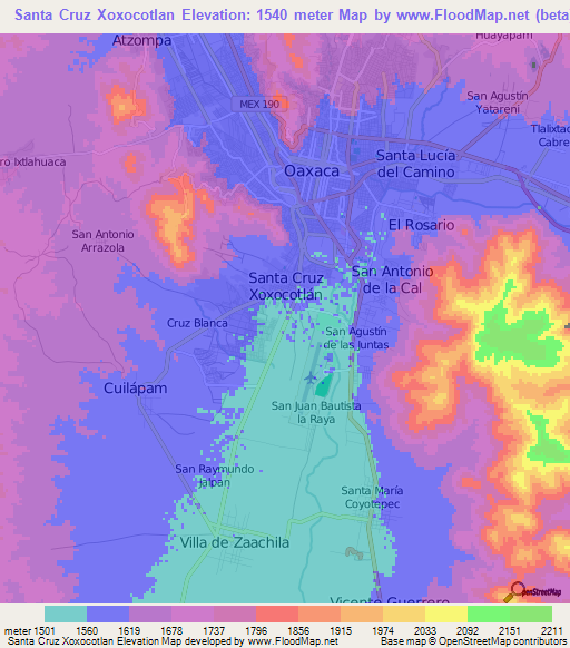 Santa Cruz Xoxocotlan,Mexico Elevation Map