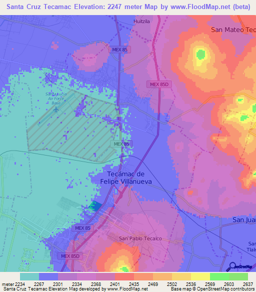 Santa Cruz Tecamac,Mexico Elevation Map