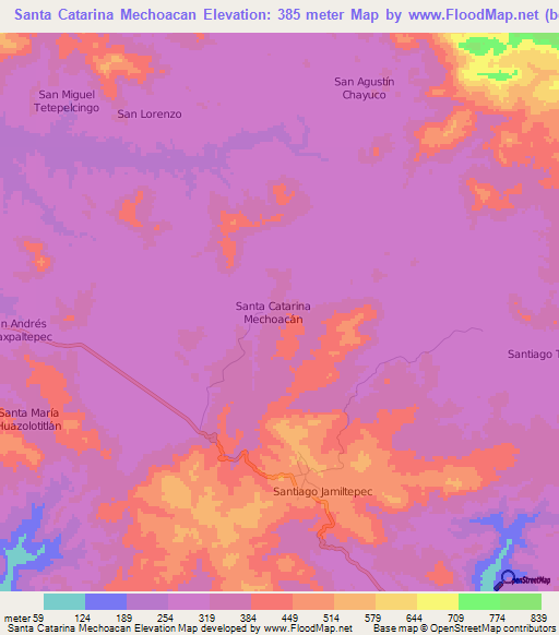 Santa Catarina Mechoacan,Mexico Elevation Map