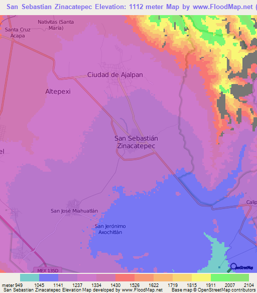 San Sebastian Zinacatepec,Mexico Elevation Map