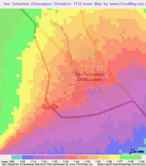 San Sebastian Zinacatepec,Mexico Elevation Map