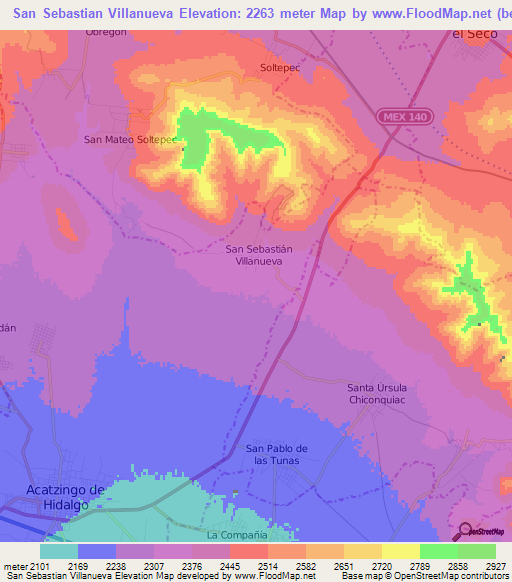 San Sebastian Villanueva,Mexico Elevation Map