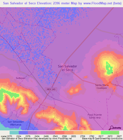 San Salvador el Seco,Mexico Elevation Map