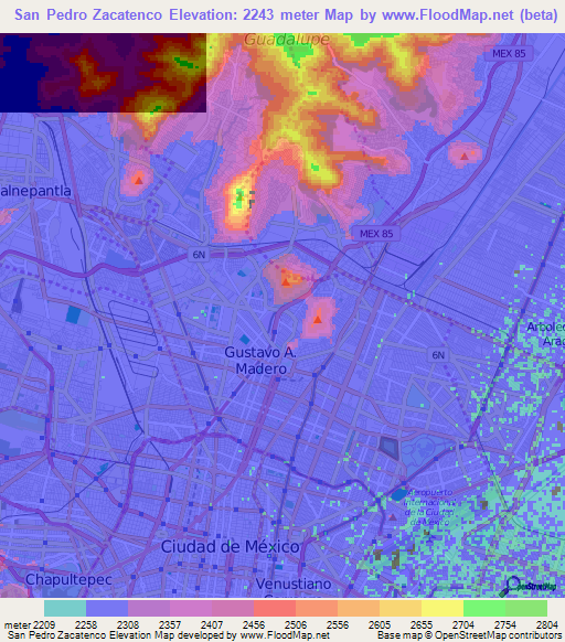 San Pedro Zacatenco,Mexico Elevation Map