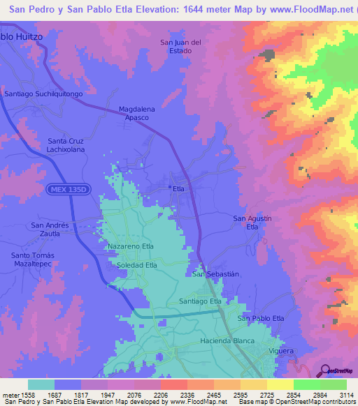 San Pedro y San Pablo Etla,Mexico Elevation Map