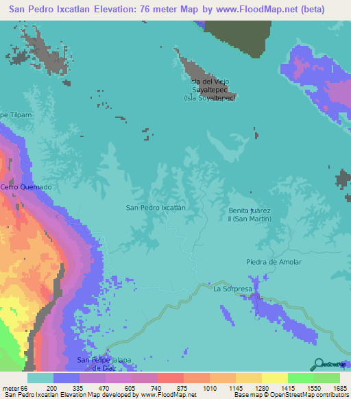 San Pedro Ixcatlan,Mexico Elevation Map