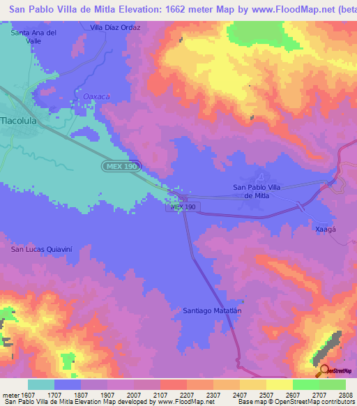 San Pablo Villa de Mitla,Mexico Elevation Map