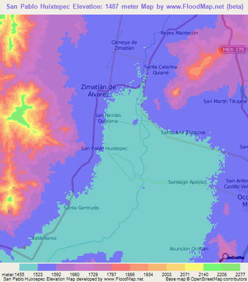 San Pablo Huixtepec,Mexico Elevation Map