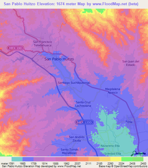 San Pablo Huitzo,Mexico Elevation Map