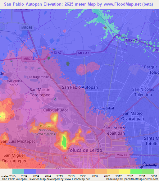 San Pablo Autopan,Mexico Elevation Map