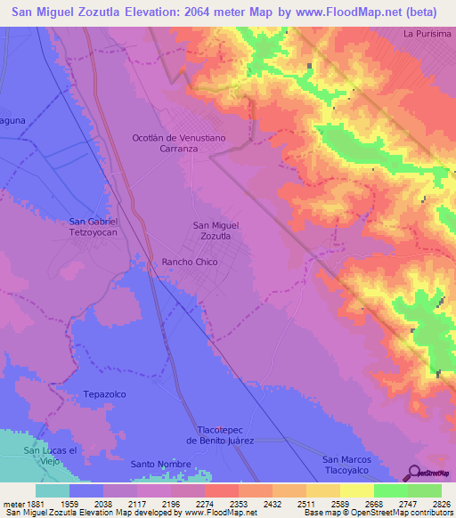 San Miguel Zozutla,Mexico Elevation Map