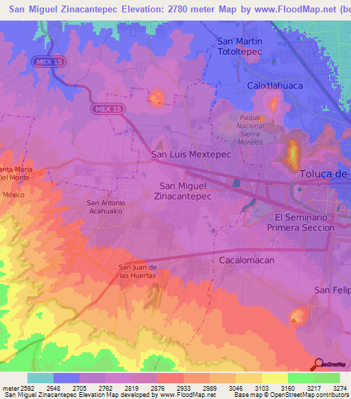 San Miguel Zinacantepec,Mexico Elevation Map