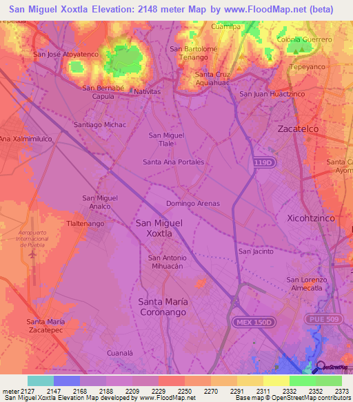 San Miguel Xoxtla,Mexico Elevation Map