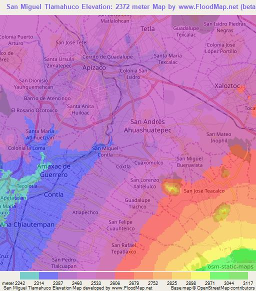San Miguel Tlamahuco,Mexico Elevation Map