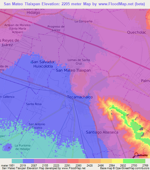 San Mateo Tlaixpan,Mexico Elevation Map