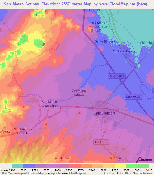 San Mateo Actipan,Mexico Elevation Map