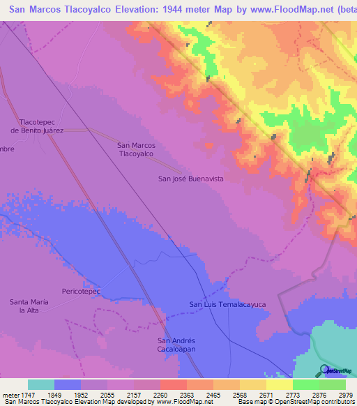 San Marcos Tlacoyalco,Mexico Elevation Map