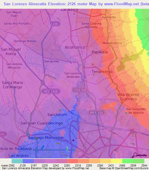 San Lorenzo Almecatla,Mexico Elevation Map