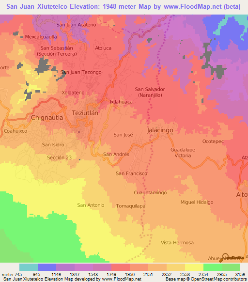 San Juan Xiutetelco,Mexico Elevation Map