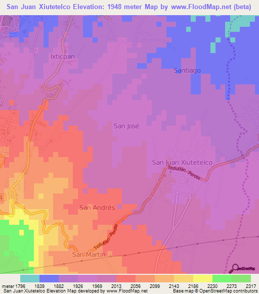 San Juan Xiutetelco,Mexico Elevation Map