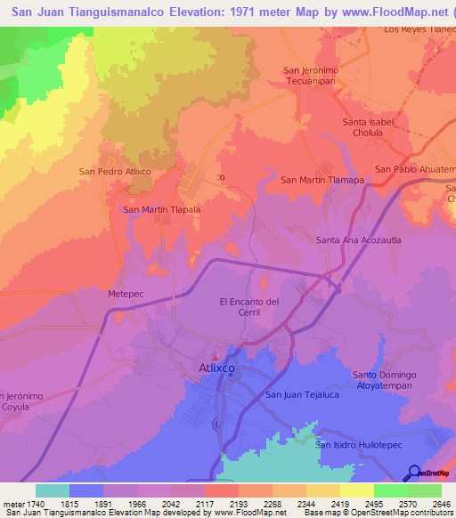 San Juan Tianguismanalco,Mexico Elevation Map