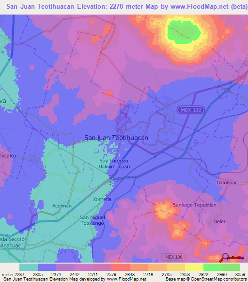San Juan Teotihuacan,Mexico Elevation Map