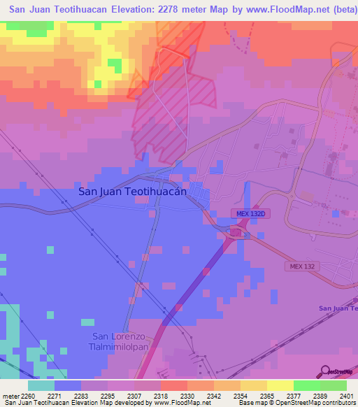 San Juan Teotihuacan,Mexico Elevation Map